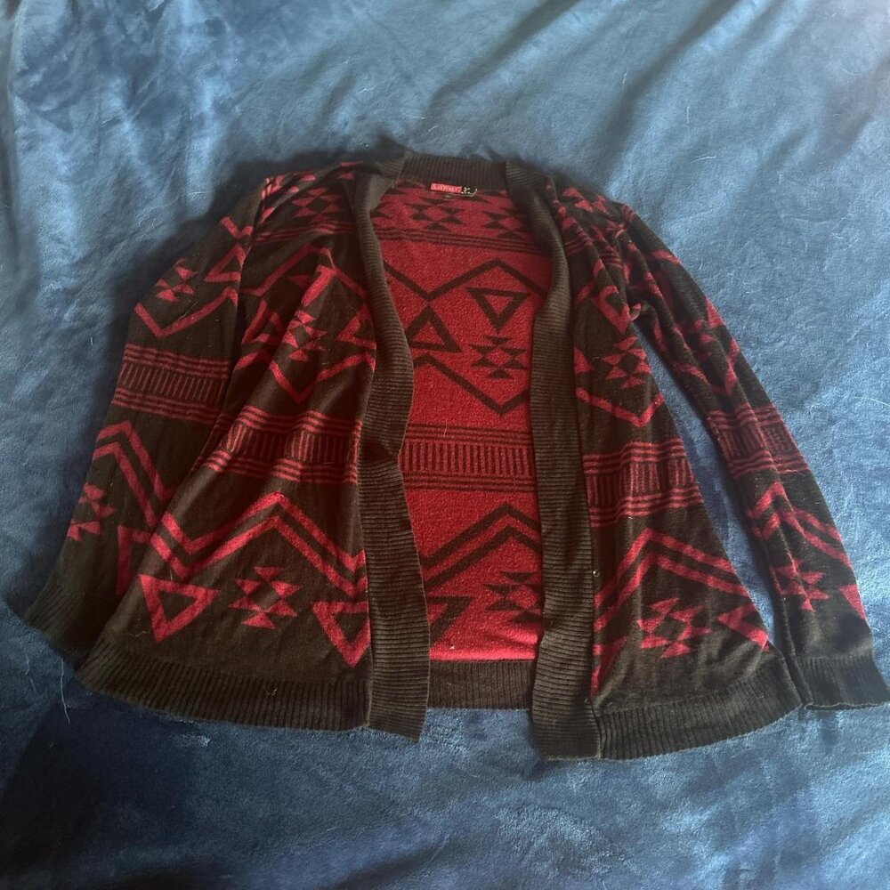 black and red geometric cardigan